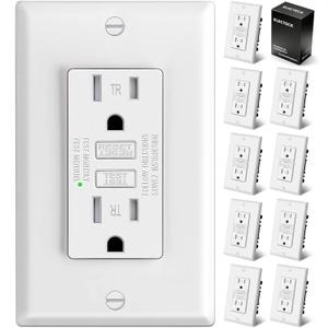 ELECTECK 10 Pack GFCI Outlets 15 Amp, Tamper Resistant (TR), Ultra Slim GFI Receptacles with LED Indicator, Ground Fault Circuit Interrupter, Decor Wallplate Included, ETL Listed, White
