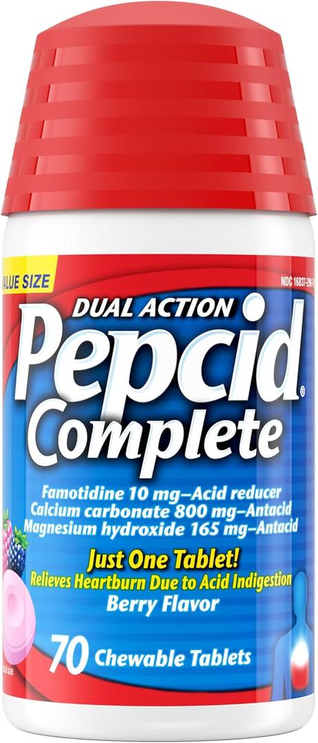 Pepcid Complete Acid Reducer + Antacid Chewable Tablets, 10mg Famotidine, 800mg Calcium Carbonate & 165mg Magnesium Hydroxide per Heartburn Medicine Tablet, Antacid Chews, Berry Flavored, 70 ct