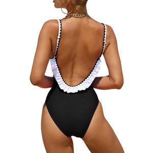 Verdusa Women's One Piece Swimsuit Cut Out Ruffled Open Back Spaghetti Strap Swimwear (Medium, Black)