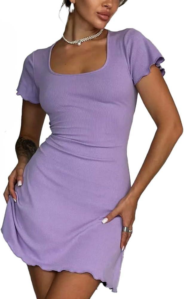 MiiVoo Women's Short/Long Sleeve Casual Mini Dress Square Neck Stretchy Bodycon Party Club Short Dresses (Medium)