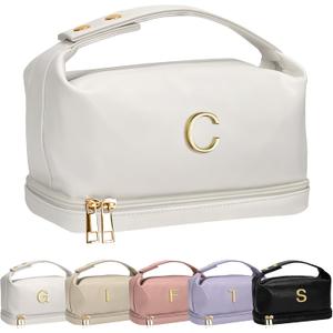 Gifts for Mom, Letter Makeup Bag, Personalized Double Layer Cosmetic Bag with Makeup Brush Organizer, Birthday Gifts for 5 6 7 8 9 10 11 12 Year Old Girls-Graduation Gifts for Her (White)