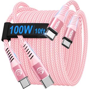 USBC to USBC 100W [10ft/2 Pack] USB C to USB C Fast Charging Cable Braided C to C Charger Cord for MacBook Pro/Air, iPhone 16 15 Pro Max Plus,iPad Pro,Samsung Galaxy S25 Ultra S24 S23,Pixel,PS5,Switch