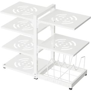 Pots and Pans Organizer, Heavy Duty Pot Racks, 7 Tiers Adjustable Pot Holder Kitchen Cabinet Organizer for Pots, Pans and Lids With 3 DIY Methods, White
