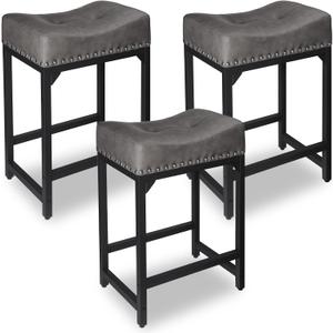 Counter Height Bar Stools Set of 3, Stools for Kitchen Island Set of 3, 24 Inch Counter Stool Saddle Backless Barstools for Kitchen Counter -Grey, 24" Set of 3 with Nailhead Trim