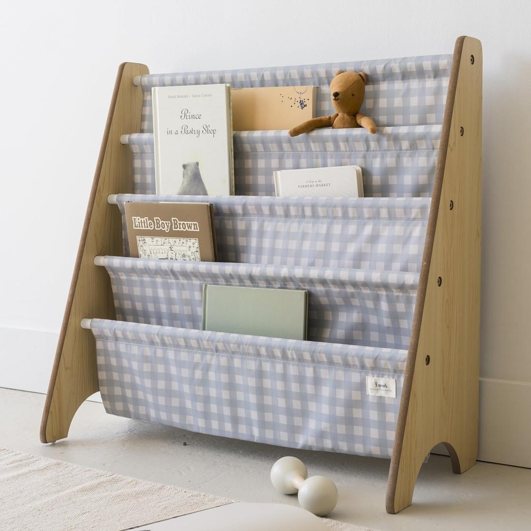 3 Sprouts Kids Bookshelf with Recycled Fabric - 4-Tier Sling Storage for Kids Rooms Holds 35 Titles - Toddler Organizer for Ages 3+ - Gingham Blue, 60.96 Cm X 62.23 Cm X 25.4 Cm