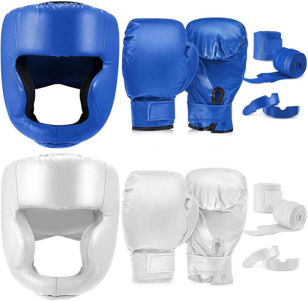 Kanayu 14 Pcs Boxing Gloves and Headgear Set for Beginners Youth 16 Ounce Boxing Gloves Headgear Helmet Hand Wraps Mouth Guards Equipment for Beginners Training Equipment Gifts (Blue, White)