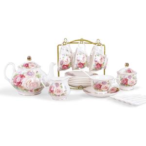 fanquare European Porcelain Coffee Set  , Pink Women Tea Set, Bone China Tea Set, Vintage Floral Coffee Tea Pot with Cups 5