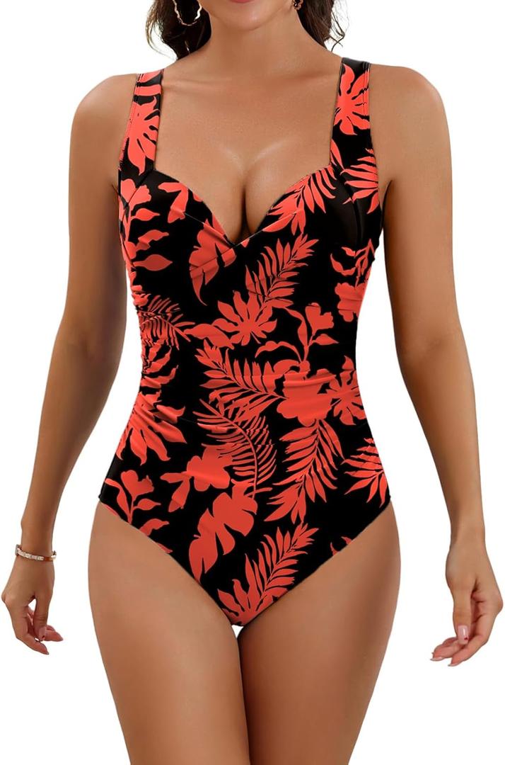 Eomenie Women's One Piece Swimsuit Tummy Control Slimming Push Up Bra Bathing Suits Wrap Twist 1 Piece Swimwear (Large, Black Floral Print)