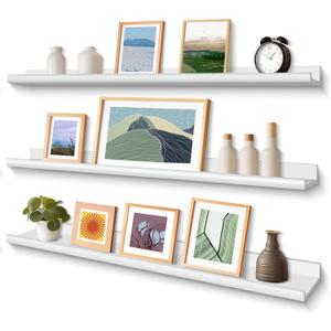 Annecy Floating Shelves Set of 3, 47 Inch White Rustic Wood Shelves for Wall, Wall Storage Shelves with Guardrail Design for Bedroom, Bathroom, Kitchen, Office, 3 Different Sizes