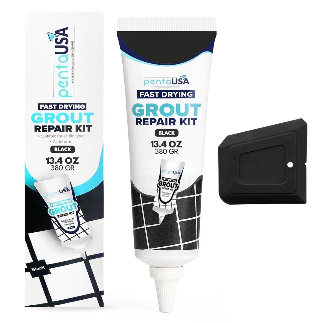 PentaUSA Tile Grout Repair Kit - Black Premixed Acrylic Sanded Grout, Water-Resistant Grout Filler for Bathroom&Shower, Kitchen Floor, Fast Drying, with Applicator, 13.4 oz (380g)