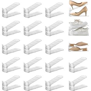 20 Pack Shoe Slots Organizer Adjustable Level Shoe Stacker Holder Storage Space Saving Sneakers Display Tray Rack for Closet (Transparent, 20 Pack)