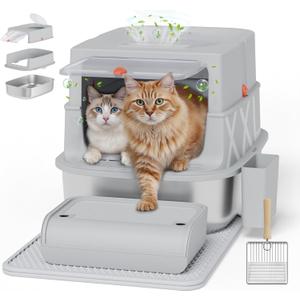 Stainless Steel Litter Box with Lid, Extra Large Enclosed Cat Litter Box for Big Cats, Anti-Leakage Metal Kitty Box with High Sided Enclosure, Scoop, Pedal & Non-Slip Mat, Easy to Clean (Fully Enclosed-Grey)