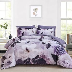 Mybedsoul King Size Comforter Set 7 Pieces, Bed in a Bag Soft Microfiber Bedding, Luxury Purple Floral Elegant Design, All Seasons Comforter Bed Set with Sheets, Pillowcases & Shams