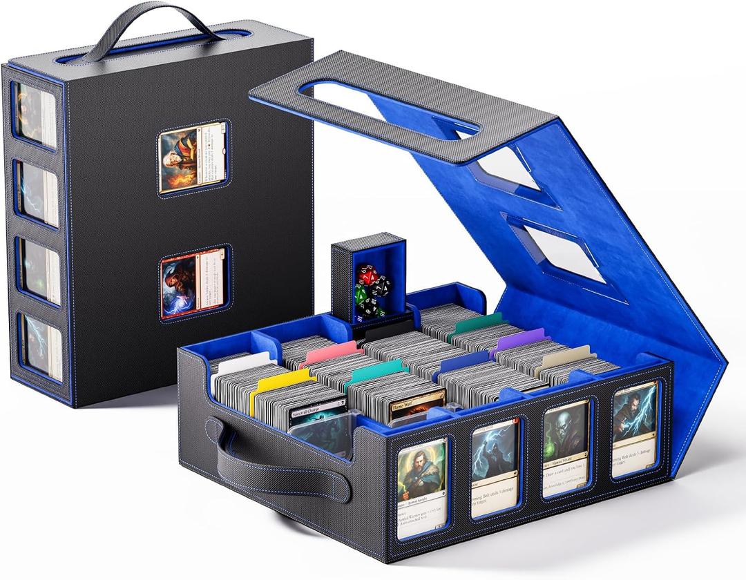 Trading Card Storage Box  3500+ Magnetic MTG Deck Box with Handle,Commander & Toploader Display, Dice Box,4 Dividers & 30 Color Labels  Fits for TCG,MTG,Yu-Gi-Oh and Sport cards(Black/Blue)