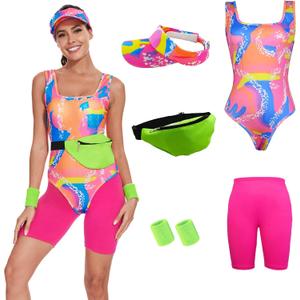 80s 90s Workout Costume for Women Halloween Costumes Cosplay Outfits Swimwear Suit Leotard Legging With Sun Visor (Medium)