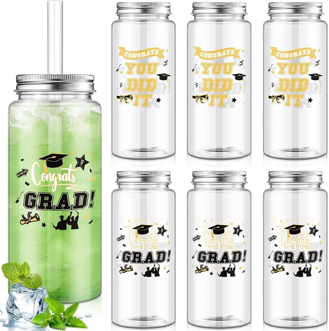 Skylety 24 Pcs Graduation Plastic Cups with Lid and Straws 13. 5 oz Class of 2025 Clear Plastic Tumblers Reusable Coffee Tea Hot Cocoa Beverage Tumbler for Congrats Grad Favors Supplies(Gold)