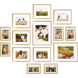 Giftgarden 14 Pack Gold Picture Frames with Mat for Various Sizes Photos, Assorted Matted Frame Set Including Two 11x14, Six 8x10, Six 5x7, Gallery Frame Collage for Wall or Tabletop Display
