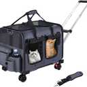 Cat Carrier for 2 Cats,Cat Carrier with Wheels for Cats and Dogs, Foldable Double Pet Carrier, Rolling Dog Carrier with Detachable Wheels and Telescopic Handle,2 Front Zippered Compartments Gray