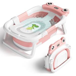 Baby Bathtub, Collapsible Newborn Bathtub for Infant to Toddler 0-24 Months with Soft Cushion and Thermometer, Portable Travel Newborn Tub with No-Slip Feet, Baby Shower Gifts, Pink