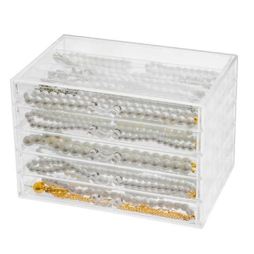 Necklace Box Necklace Holder Organizer, Acrylic Necklace Organizer Box Clear Necklace Display Jewelry Tray with Transparent Lid Jewelry Display Box for Necklace (Clear White, 5 Drawer 30 Girds)