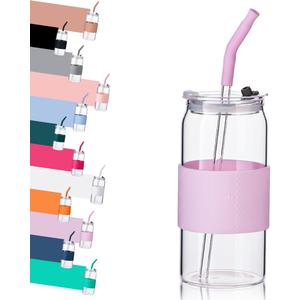ColoVie Glass Tumbler with 3 IN 1 Lids and Glass Straws(Extra Silicone Tips), Silicone Protective Sleeve, Iced Coffee Cup, Travel Water Bottle, Soda Beer Can Cups, Hot Tea-Purple 20oz 1pc