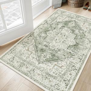 LIVEBOX Washable Area Rug 3x5 - Vintage Tribal Non-Slip Indoor Rugs for Kitchen Entryway, Low-Pile Front Door Mat Print Distressed Accent Throw Rug for Bedroom Entry Foyer Laundry Room, Sage
