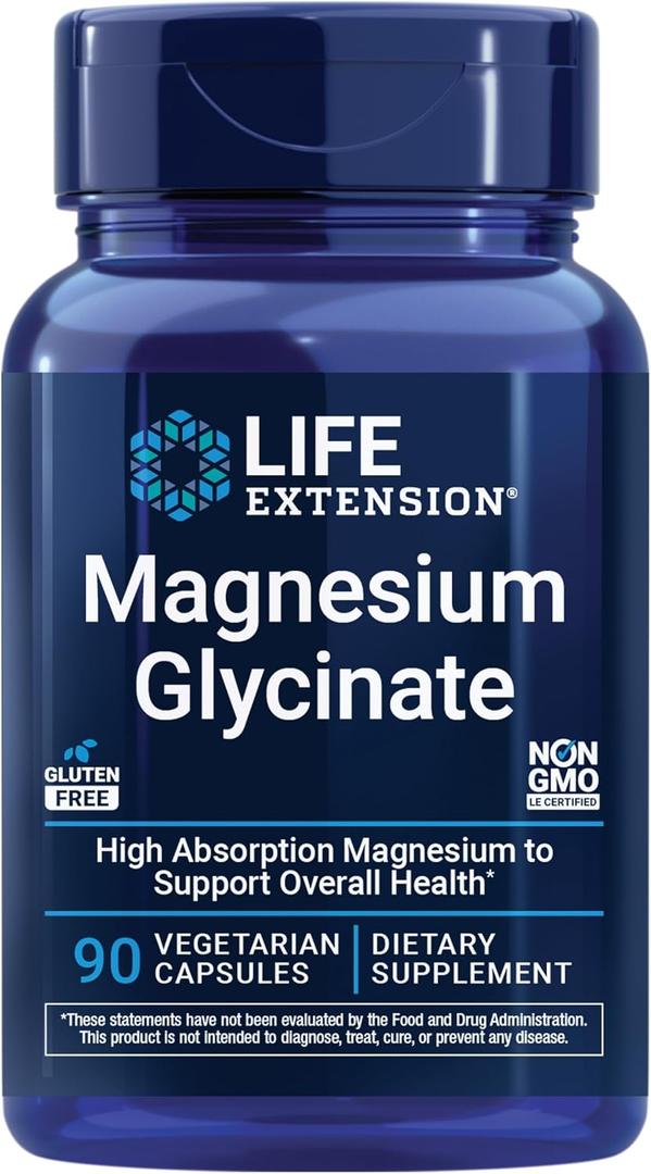 Life Extension Magnesium Glycinate, Heart Health, Bone Health, Nerve and Muscle Support, Highly absorbable, Gluten-Free, Non-GMO, Vegetarian, 90 Capsules (EXP 06/01/28)