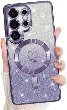 Bonoma Compatible with Samsung Galaxy S26 Ultra Case Support for MagSafe, Plating Heart Glitter Magnetic Case TPU Camera Protection Back Cover -Purple