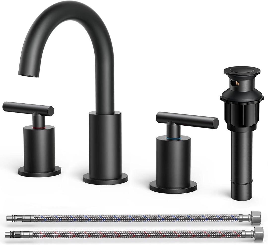 FORIOUS Bathroom Faucets, 8 Inch Widespread Matte Black Bathroom Sink Faucet 3 Hole with 360Swivel Spout, Suitable for 6-12 Inch Vanity Sink, with Metal Pop-up Drain and cUPC Supply Line
