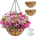 2 Pack 16 Inch Hanging Planters for Outdoor Plants Metal Wire Flower Baskets with Coco Liner & Plastic Saucer Large Deep Hanging Plant Pots for Porch Balcony Garden Dcor