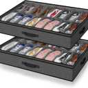 2 Pack Under Bed Shoe Storage Organizer for Closet, Fits Total 32 Pairs Foldable Underbed Shoes Containers Boxes Under the Bed Storage Bedding with Sturdy Handles&Clear Window for College Dorms, Grey (2 Shoes (16+16 Cells) Linen-like Basalt Grey)