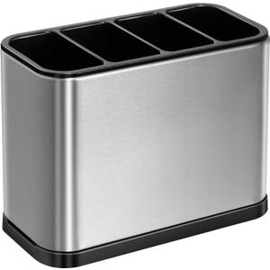 ODesign Utensil Caddy Flatware Organizer Crock Utensil Holder for Countertop Kitchen Rustproof 4 Divider Drip Tray Stainless Steel ABS Anti Slip Scratch - 7.1 x 3.39 x 5.1 inch