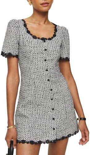 YEXPINE Women's Square Neck Tweed Mini Dress Short Sleeve Button Front Cocktail Party Dress M