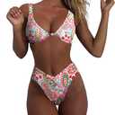 geluboao Two Piece High Cut Bathing Suits for Woman Sexy V Neck Knot Front Push Up Swimsuits Cheeky High Wasited Bikini Set Multicolor M