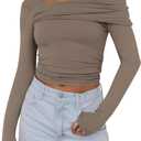 ANRABESS Womens One Off Shoulder Shirts Long Sleeve Going Out Crop Tops Ruched Tight Casual Blouse 2025 Trendy (X-Large, Khaki)