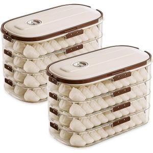 2 PCs Dumplings Storage Boxes with 4 Layers, 1.57in Net Height Per Layer, Stackable with Buckle, Lid & Handle for Cookies, Wonton, Donuts Box Organizer For Fridge