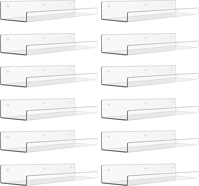 upsimples 12 Pack Acrylic Shelves Wall Organizer and Storage, 15" Display Shelf for Figure, Toy Cars, Perfume, Kids Bookshelf for Bedroom, Nursery, Craft Room, Clear