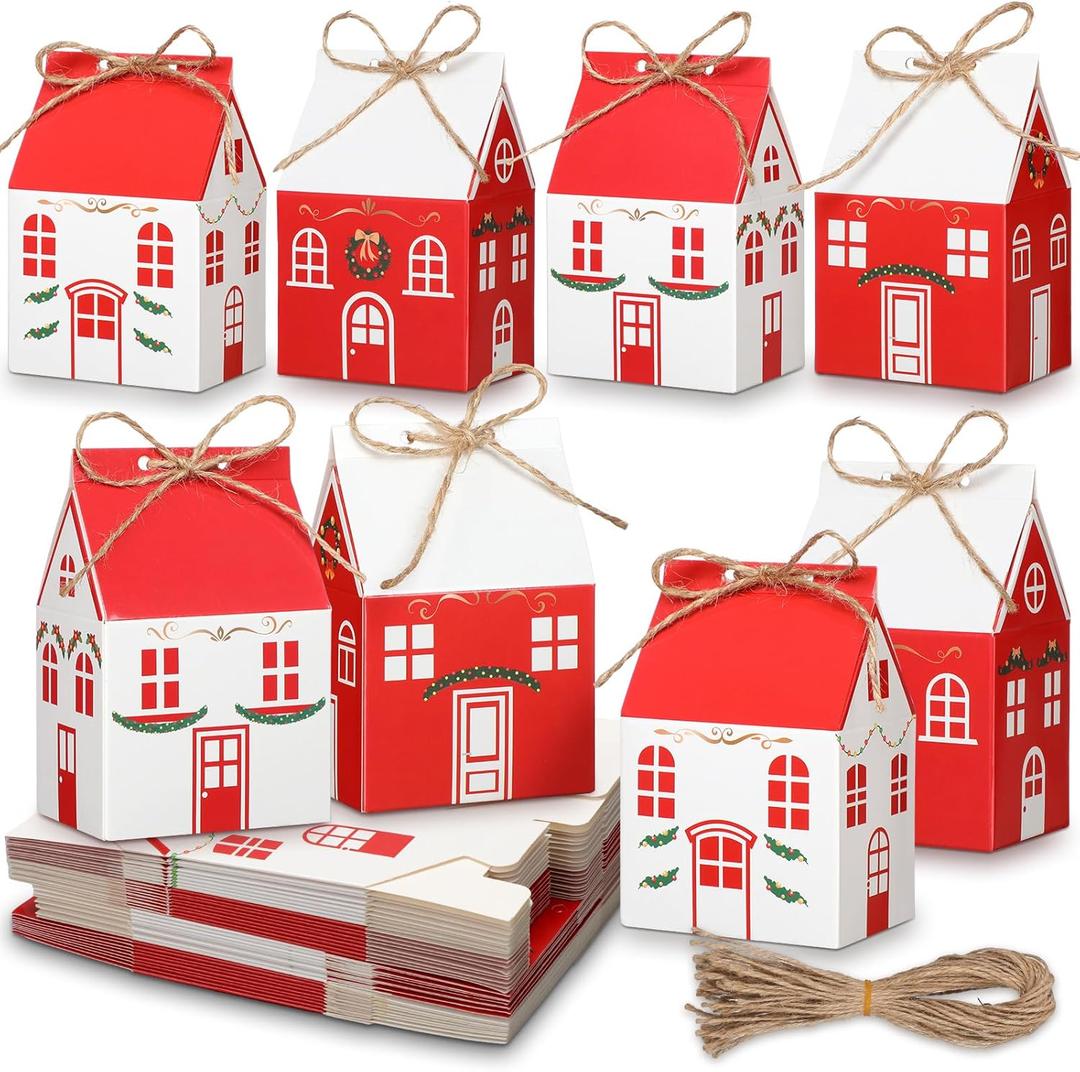 Zhanmai 48 Pcs Christmas Treat Boxes Candy Red Village Vintage Mini Gingerbread House Favor Box Christmas Party Paperboard Gift Boxes for Xmas Holiday Party Treat Cookie Goodie Snack Gift Packaging