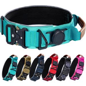 AirTag Dog Collar, 2" Wide Tactical Military Dog Collar with AirTag Holder, Comfortable Leather Handle and Metal Buckle, Reflective, Padded, Heavy Duty GPS Dog Collars for Large Dogs(Teal, L) (Neck Girth: 17.7-24.4)