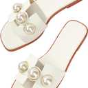 Verdusa Women's Flat Sandals Pearl Sandals Square Toe Summer Slip On Flat Shoes (White)