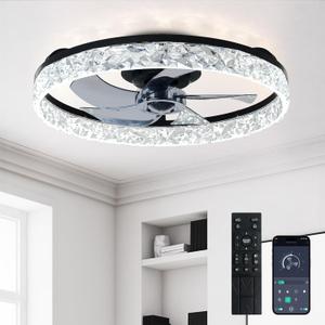 Depuley Bladeless Ceiling Fans with Lights: 20" Black Modern Low Profile Flush Mount Ceiling Fan with App Remote Control - Bedroom Enclosed Crystal Fandelier with Dimmable LED for Living Room Kitchen