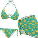 Irisjudy Women's 3 Piece Boho Floral Bathing Suit with Beach Wrap Skirt Sarong Chiffon Swimsuit Tie Side Bikini Set Cover Up (Medium, Yellow Banana)