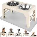 Elevated Dog Bowls for Medium Size Dogs with Mat, Non-Slip Dog Feeder with 1*Stainless Steel Dishes & 1*Slow Feeder Bowl, 5 Heights Adjustable Raised Bowls for 3.15-8.66-9.84-11.02-12.2 (Beige)