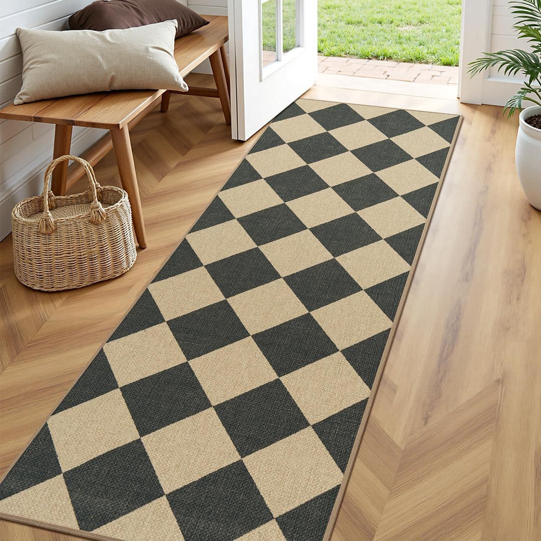 Lessymo Kitchen Runner Rug 2x6, Checkered Jute Rug Washable Non Slip for Entryway Hallway, Farmhouse Diamond Bedside Rugs Indoor Outdoor Carpets for Patio Porch, Black/Beige (Black/Checkerboard-1)