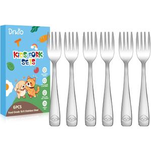 DRKIO Stainless Steel Toddler Forks Set - 6 Pieces Kids Forks Set Children Safe Food Grade Kids Silverware Small Forks Metal Toddler Utensils Dishwasher Safe Mirror Polished