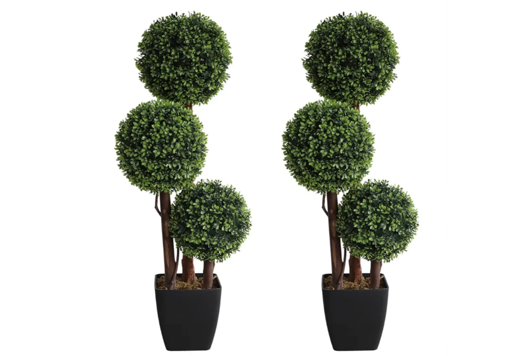 Artificial Topiaries Ball Tree Outdoor, 3ft Fake Topiary Triple Ball Boxwood Trees (2 Pieces), Faux Shrubs Plants Potted Green Decorative Indoor Porch or Garden (35inch）