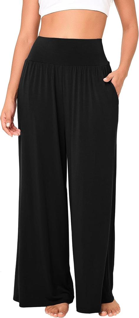 BAMBOO COOL Womens Wide Leg Yoga Pajama Pants Palazzo Casual Loose High Waisted Flowy Bottoms with Pockets Lounge Sweatpants (Black, XXL)