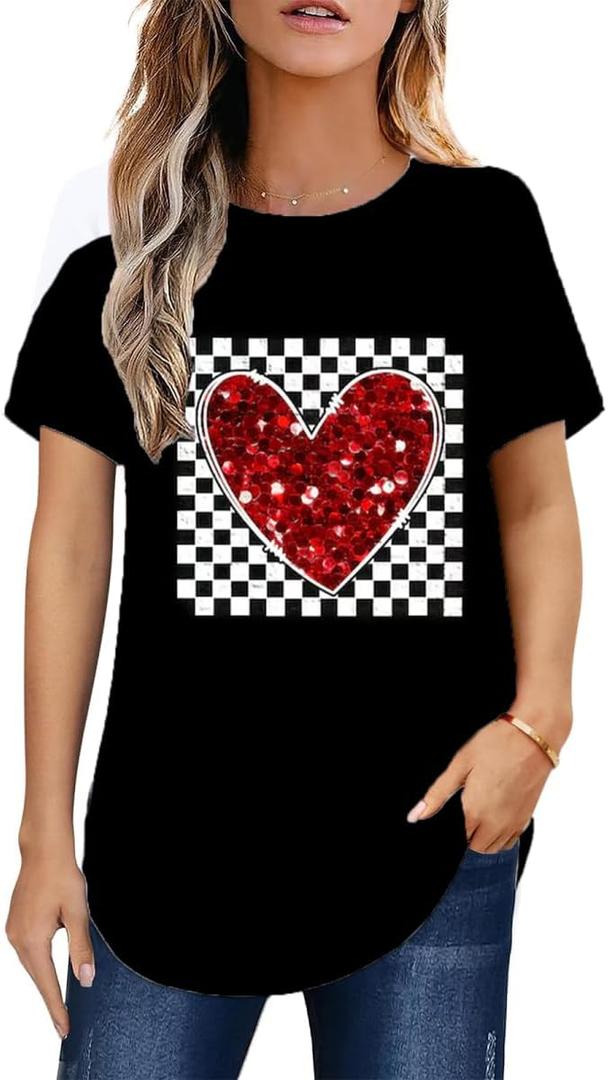 Valentines Day Tops for Women Casual Checkerboard Love Heart Print Valentine T Shirts Blouse Black XS