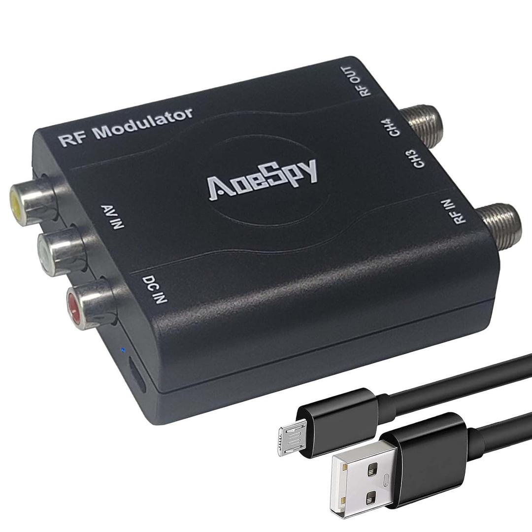 RCA RF Coaxial Modulator VHF Converter CVBS Adapter w/Channel 3/4 Switch for DVD Blu-ray Player DVR VCRs Satellite Set-top Cable Box PS2 PS3 PS4 Xbox 360 WII NS AV Video to F Type Analog Coax NTSC TV