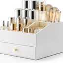 VLANDO Makeup Organzier,Vanity Organizer with Drawers, PU Leather Skincare Organizer Perfume Organizer,Large Cosmetic Display Case for Lipstick,Brushes Gifts for Women-White